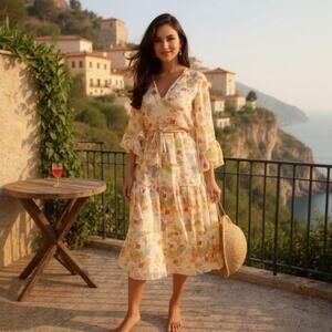 MISA Los Angeles Marcele Pastel Splash Chiffon Cottage Modest Midi Dress S $395